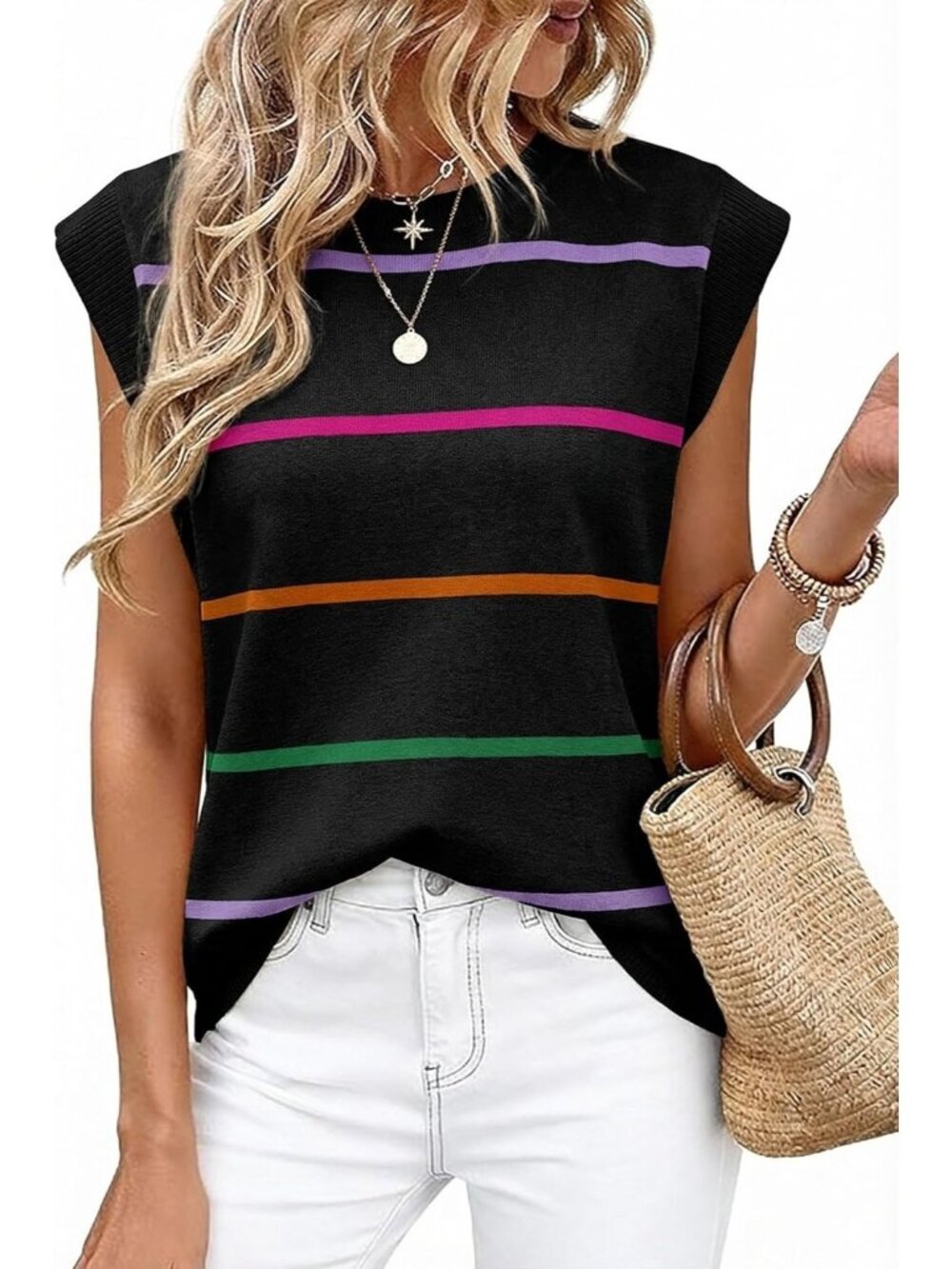 Women's Black Crew Neck Cap Sleeve Tank Tops Business Casual Outfit T Shirts